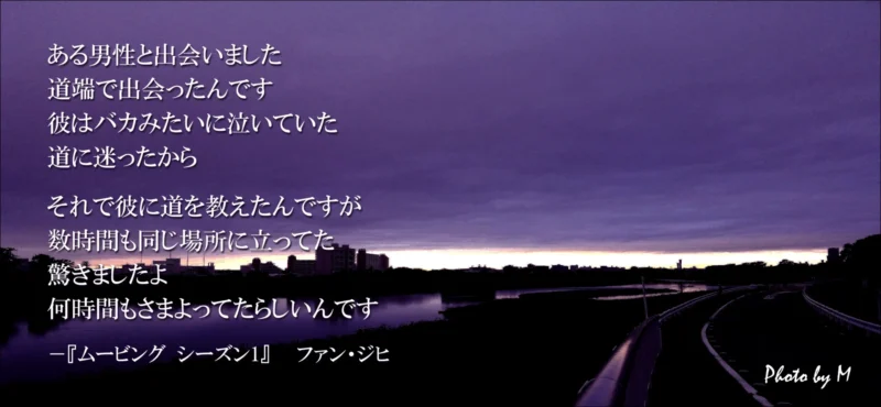 ムービング画像イメージ
ある男性と出会いました
道端で出会ったんです
彼はバカみたいに泣いていた
道に迷ったから
それで彼に道を教えたんですが
数時間も同じ場所に立ってた
驚きましたよ
何時間もさまよってたらしいんです
－『ムービング シーズン1』　　ファン・ジヒ